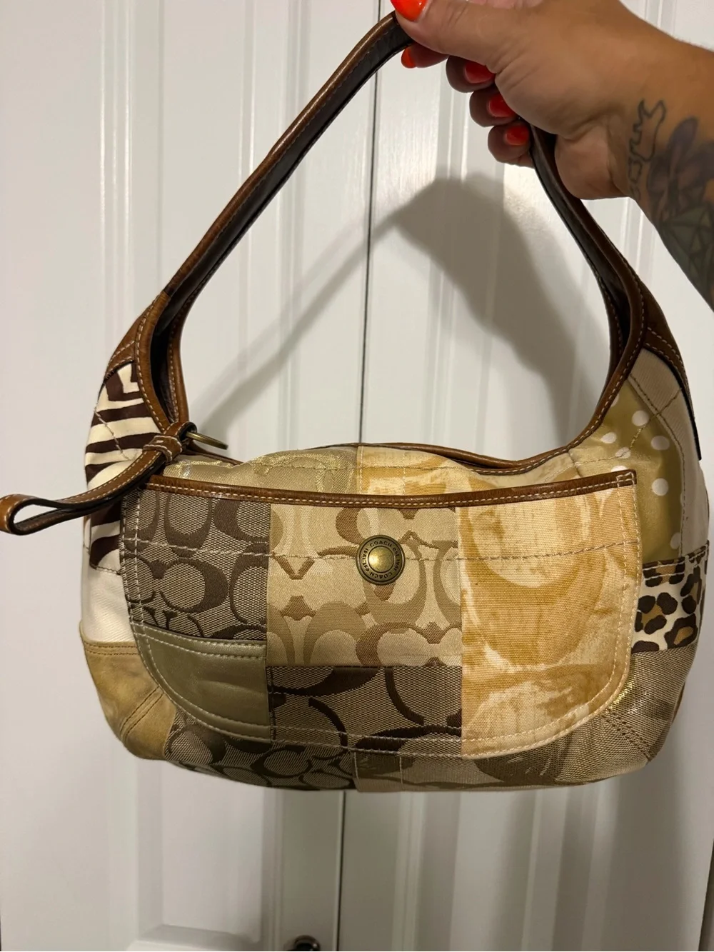Coach Ergo Patchwork Leather Canvas Suede Hobo in Earth Tone Brown Color
